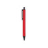 A red plastic click pen with a black clip, featuring a sleek design and a branding logo.