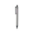 A silver plastic click pen with a black tip and clip, featuring a logo on the barrel.