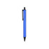 A blue plastic click pen with a black clip and tip, featuring a branding logo.