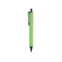 A green plastic click pen with a black clip and tip, designed for writing. It features a logo.