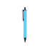 A plastic click pen in a bright blue colour with a black clip and tip.
