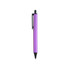 A purple plastic click pen with a black clip and tip, featuring a branding logo.