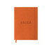 An orange B5 PU cover notebook with an elastic closure and a logo on the front.