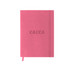 A pink PU cover notebook with an elastic closure and a branding logo on the front.