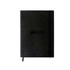 A black PU cover notebook with a flexible spine and an elastic closure, featuring a logo on the front.