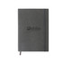 A dark grey PU cover notebook with an elastic band and a logo on the front.