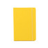 A yellow PU A6 notebook with a soft cover and an elastic band closure, featuring branding on the cover.