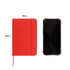 A red PU A6 notebook with a matching elastic band and a phone for size reference, featuring a logo.
