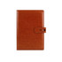 A brown PU notebook with a smooth texture and a closure strap, featuring a logo on the front.