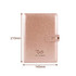 A rose gold PU notebook with a clasp closure, featuring a logo on the cover and dimensions of 210mm x 145mm.