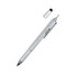 A silver multi-function pen with a measuring ruler, stylus tip, and detachable cap, featuring a textured grip.