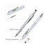 A silver multi-function pen with a ruler, level, and two screwdriver bits. It features a twist mechanism and a logo.