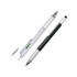 A multi-function metal pen set featuring a silver pen with a ruler and level, and a black pen. Both have branding.