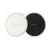 A round luminous wireless charger in white and black, featuring a simple design with a logo.