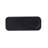 A black webcam cover with a sliding mechanism for lens protection. It features a simple design and has a logo.