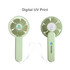 A foldable USB handy fan in light green with a branding logo, showcasing front and back views.