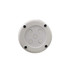 A round, white Bluetooth speaker with buttons for control. The design is simple, featuring a logo on the front.