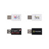 Four USB data blockers in various colours, including white, black, and grey, featuring different logos on each.