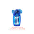 A transparent blue handheld fan featuring a playful design, with spaces for AA batteries.