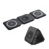 A foldable black 3-in-1 MagSafe wireless charger with multiple charging pads arranged in a compact design.