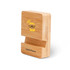 A bamboo phone holder in a natural finish with a logo is displayed on a white background.