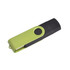 A green and black double-end flash drive with a clip and button feature, designed for technology use.