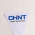 A white PVC pennant flag with blue and black text, featuring a logo for a brand.