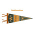 A green felt pennant with a logo, featuring orange accents and a triangular shape.