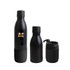 A drink bottle set featuring a black stainless vacuum flask, including a cup and detachable bottom compartment; has a logo.