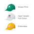 Three caps displayed: a green cap with a logo, a white cap with a logo, and a yellow cap with embroidery.