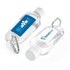 A clear 60mL hand sanitiser with carabiner, featuring two different logos on the front.
