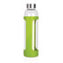 A drink bottle with a green silicone sleeve and stainless steel cap, holding 600ml. Features a logo on the sleeve.
