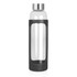 A drink bottle, 600ml capacity, featuring a clear glass body and a black protective sleeve with a stainless steel lid.
