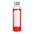 A drink bottle in clear glass with a red silicone sleeve and a silver metal lid. It has a logo on the side.