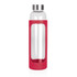 A drink bottle with a clear glass body and a red silicone sleeve, featuring a silver lid.