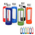 A drink bottle collection with 600ml capacity, featuring glass and silicone sleeves in blue, green, orange, red, and black.