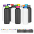 A drink bottle collection featuring various colours including black, white, and vibrant caps. Each bottle has a logo.
