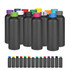 A drink bottle collection in various vibrant colours with a sleek black finish and a logo on each.