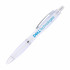 A plastic ballpoint pen with a frosted white body and blue ink. It features a logo on the side.