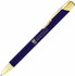 A ballpoint pen with a matte navy blue finish and gold trim, featuring a logo on the barrel.