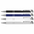 A set of four ballpoint pens in black, blue, white, and silver with chrome accents and branding.