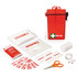A red waterproof first aid kit containing bandages, scissors, adhesive strips, and gauze. Includes a branded case.