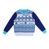 A unisex winter sweater featuring a blue and white jacquard design, with a logo on the front and contrasting sleeves.