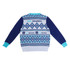 A blue and white unisex winter acrylic cotton jacquard sweater featuring a patterned design and a logo.