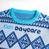 A knitted sweater featuring a blue and white jacquard pattern with a turquoise neckline and a logo.