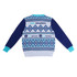 A unisex winter acrylic cotton jacquard sweater in blue with patterned sleeves and a logo on the back.