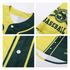 A men's full-button baseball jersey in green and yellow, featuring a logo and contrasting details, made from 100% polyester.