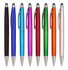 A collection of stylus pens in black, blue, cyan, pink, red, green, orange, and silver, featuring various designs and finishes.