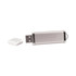 A silver flash drive with a removable cap, featuring a sleek and modern design.
