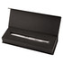 A sleek silver USB pen in a black presentation box with a foam insert. The pen has a logo on its surface.